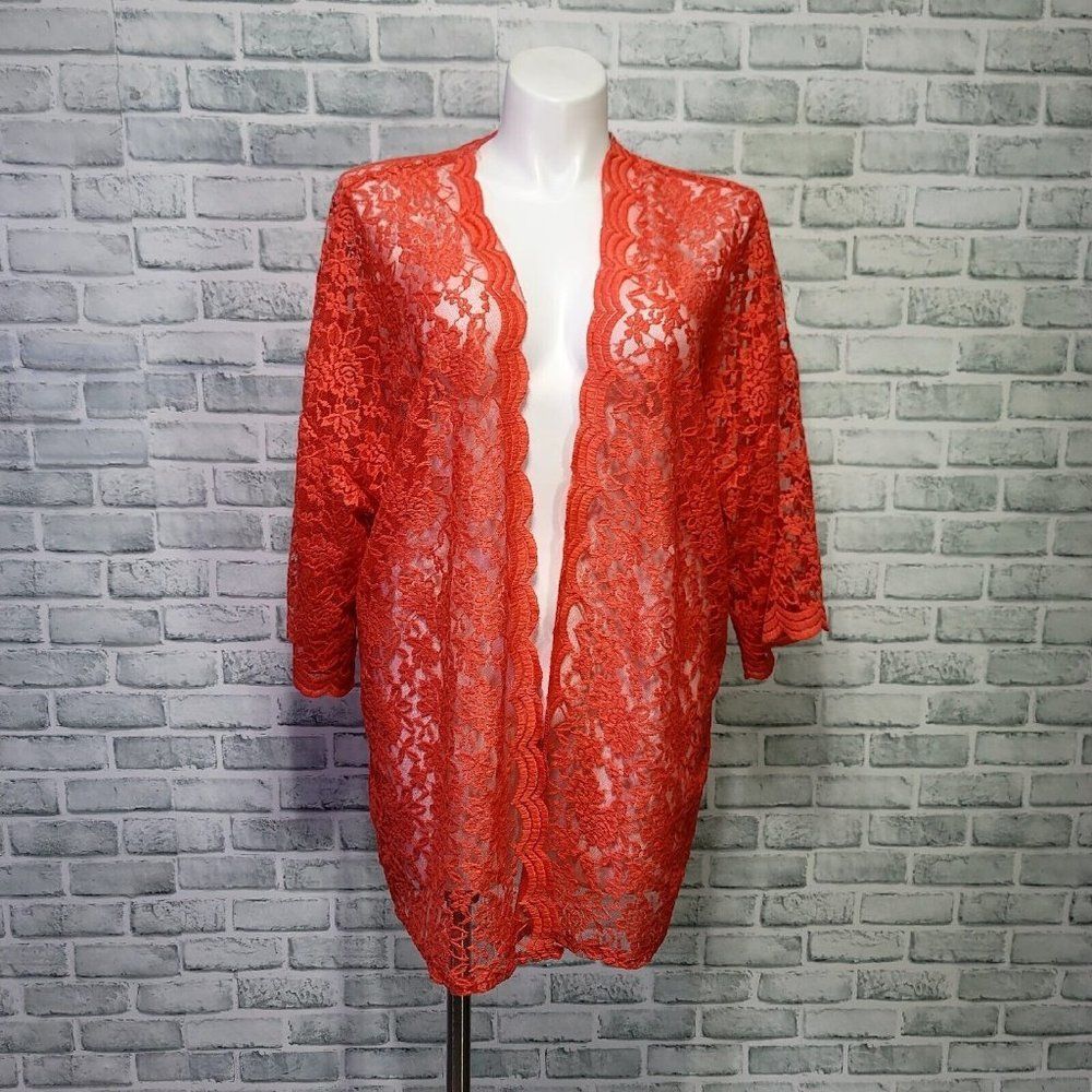 Haptics by Holly Harper Plus Size 1X‎ Neon Coral Lace Cover Up Cardigan Popover